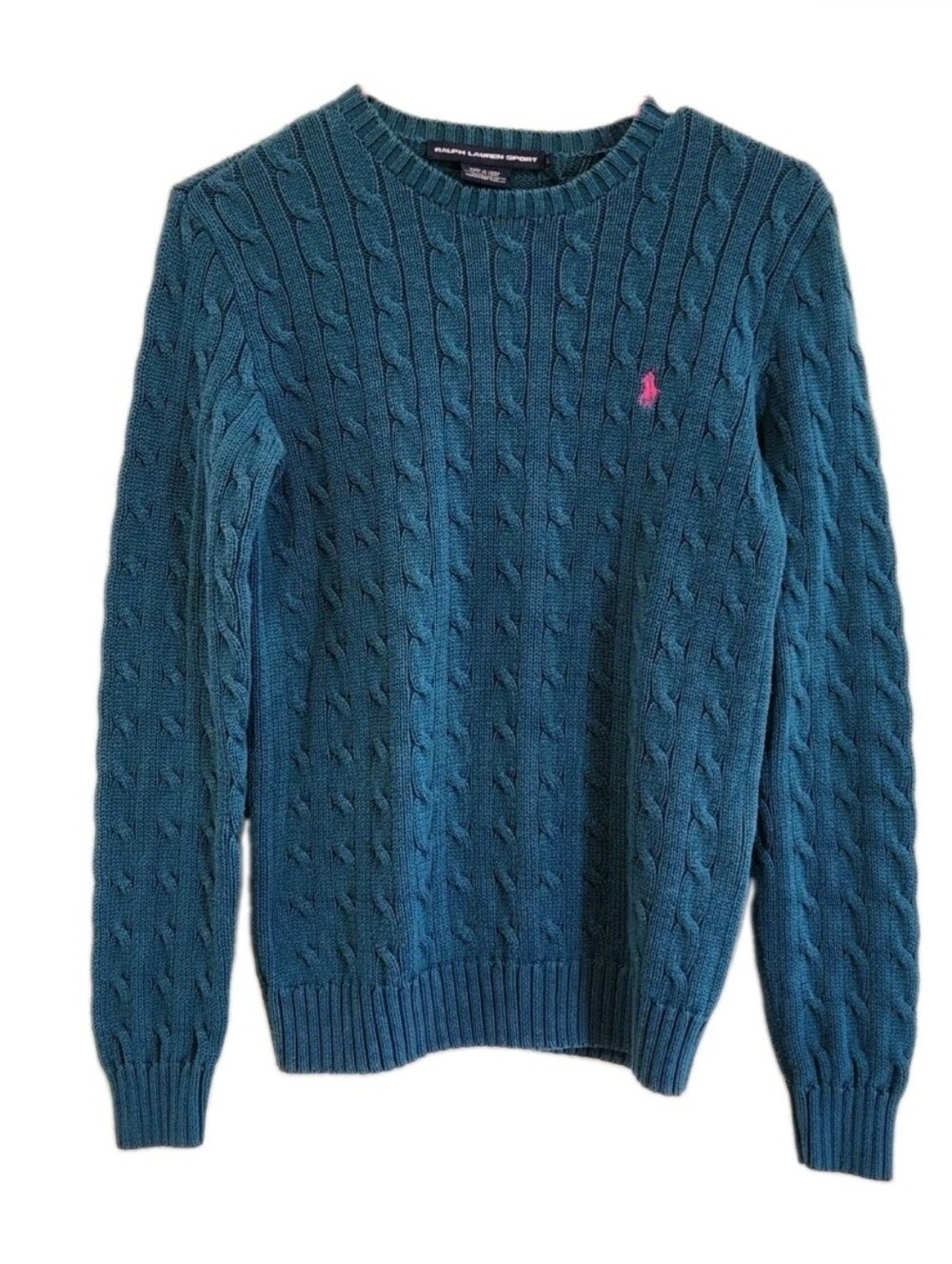 Vintage Ralph Lauren Sport Cable Knit Sweater Teal Blue Pink Pony L